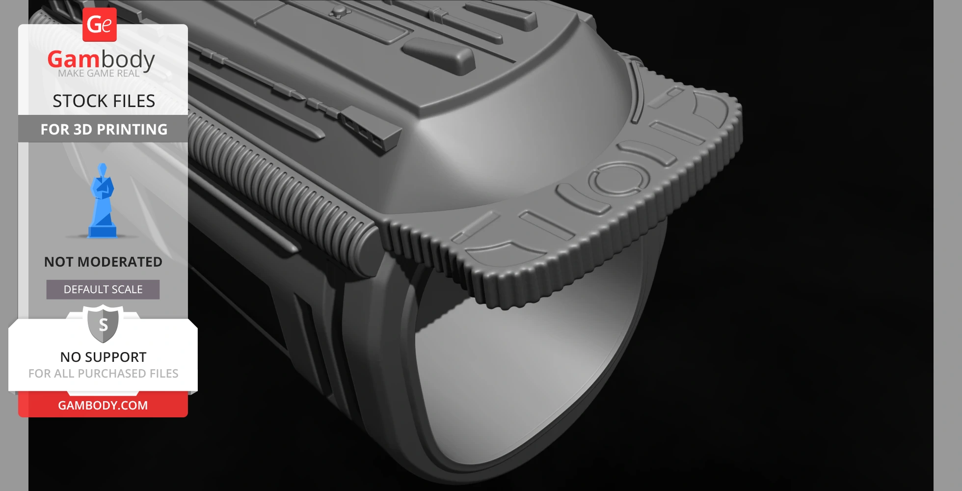 A detailed 3D model of a sci-fi gauntlet forearm with intricate designs for 3D printing.