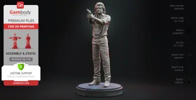 A detailed 3D printable model of a man in a shooting stance with a gun, labeled "Lethal Weapon" on the base.