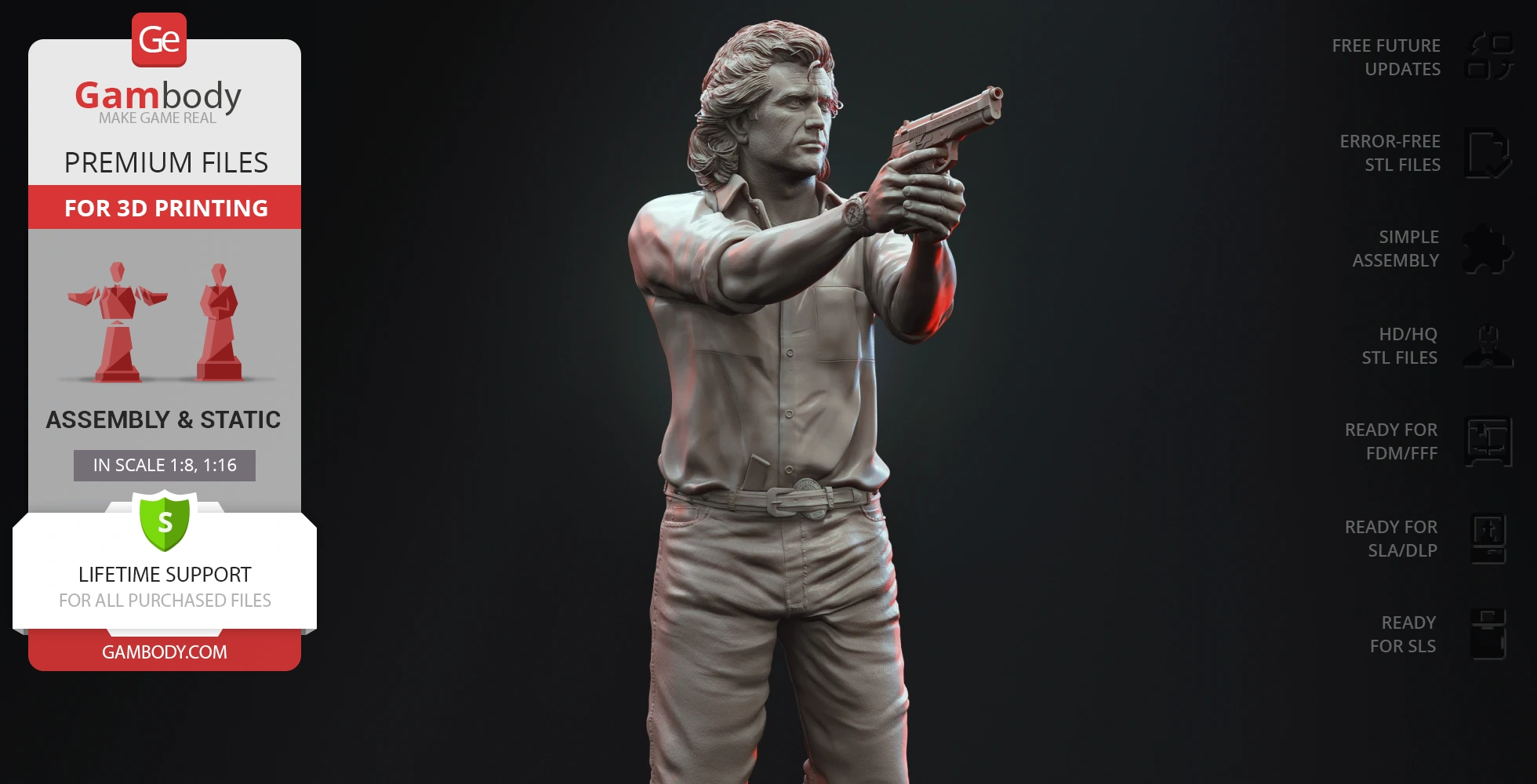 A 3D model of a man with wavy hair, aiming a handgun in a dynamic pose, suitable for 3D printing.