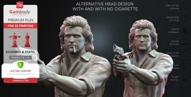 Detailed 3D model of a man holding a gun, in two versions: with and without a cigarette.