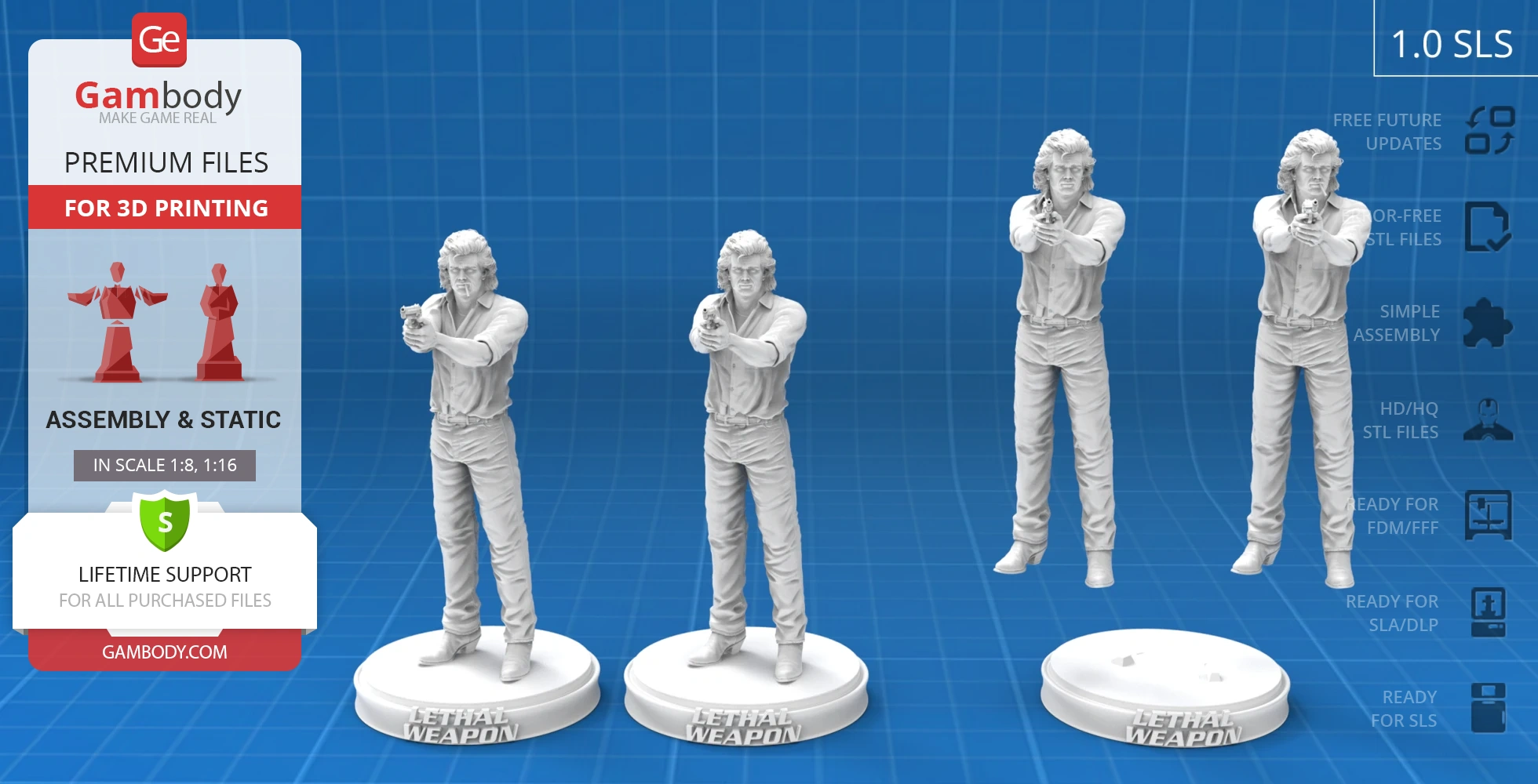 A 3D model set of a man aiming a gun, placed on bases labeled "Lethal Weapon," suitable for 3D printing.