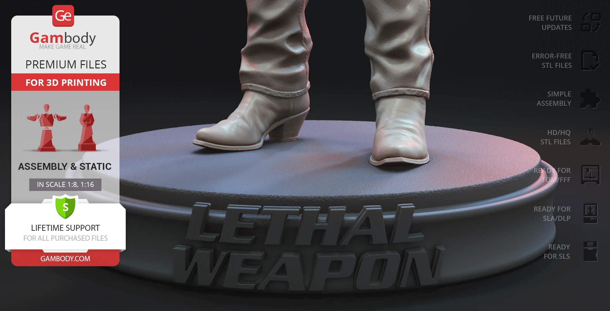 3D model base labeled "Lethal Weapon" showcasing the lower legs and boots of a character for 3D printing.