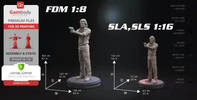 3D model of a man in action pose with a gun, ready for 3D printing in high detail, available in different scales.