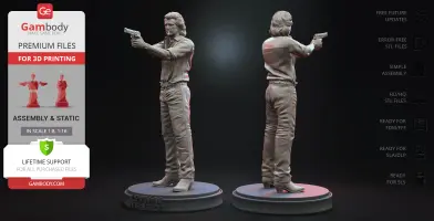 A 3D model of a man in a dynamic pose, holding a gun, ready for 3D printing on circular bases.