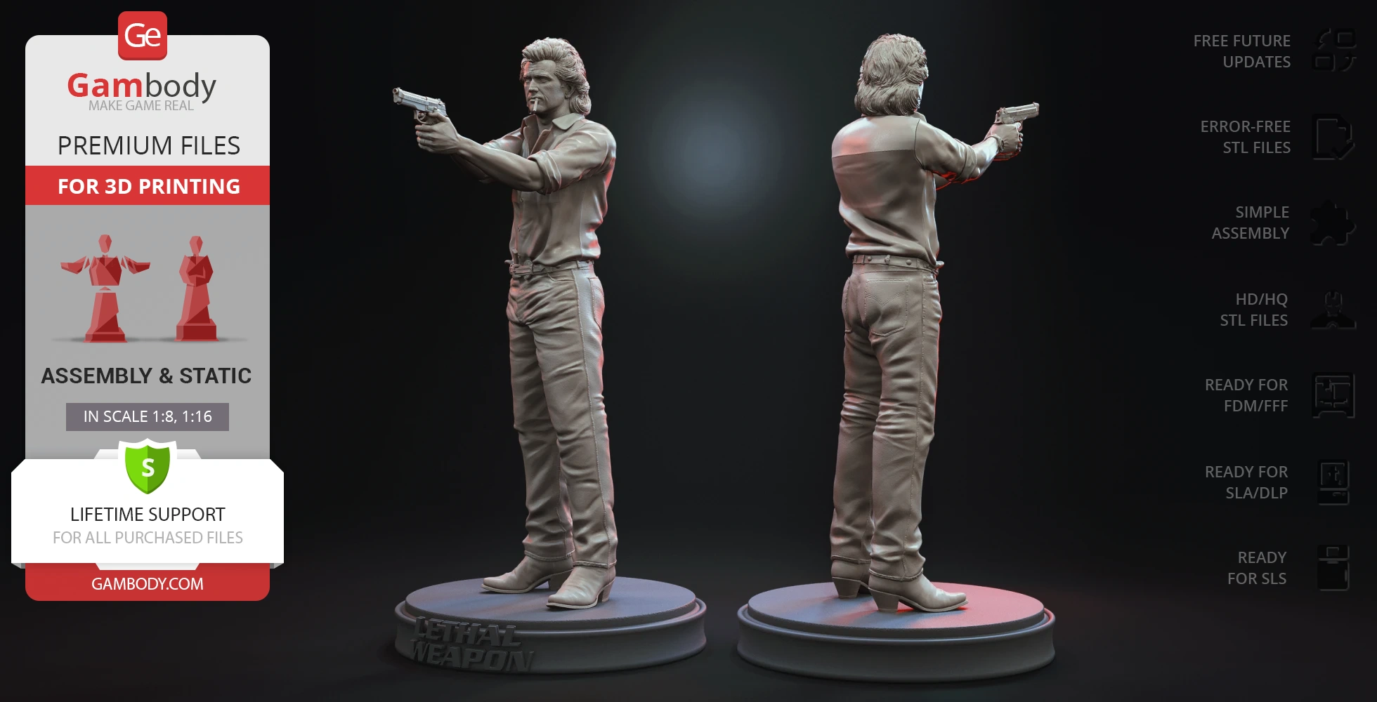 A 3D model of a man in a dynamic pose, holding a gun, ready for 3D printing on circular bases.