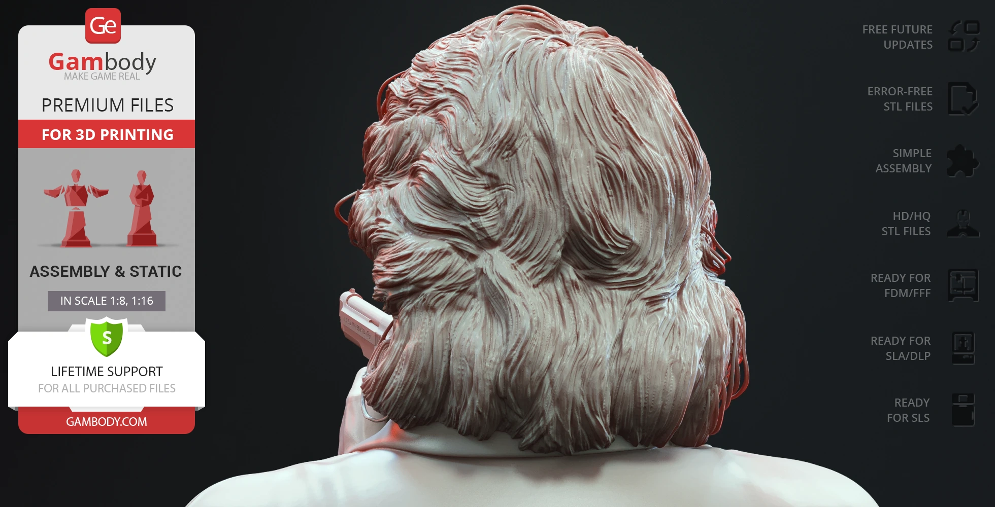 3D model of a man's head with detailed hair and a gun by his neck, viewed from the back.