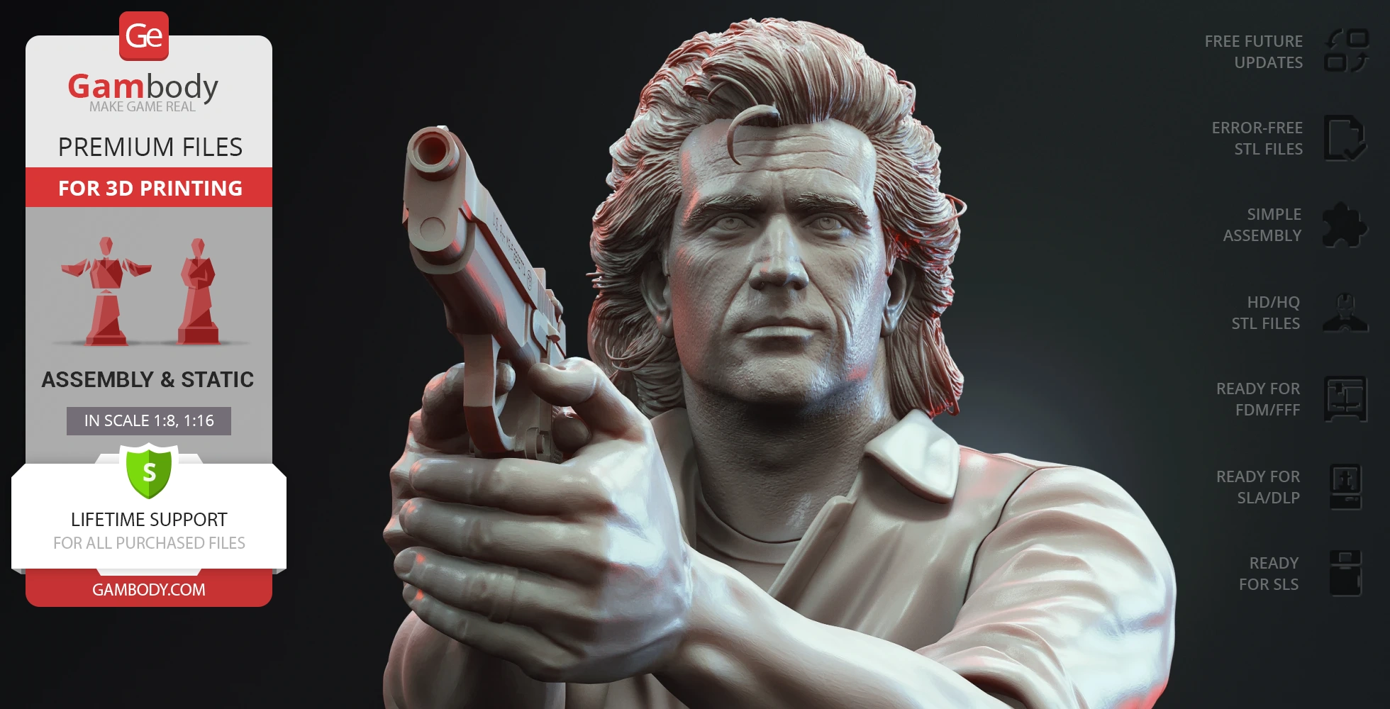 A 3D model of a man aiming a gun, featuring detailed facial features and wavy hair, ready for 3D printing.