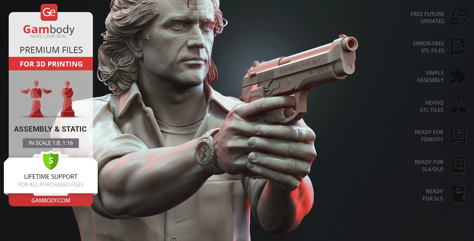 A 3D model of a man with detailed hair holding a pistol, showcasing premium STL files for 3D printing.