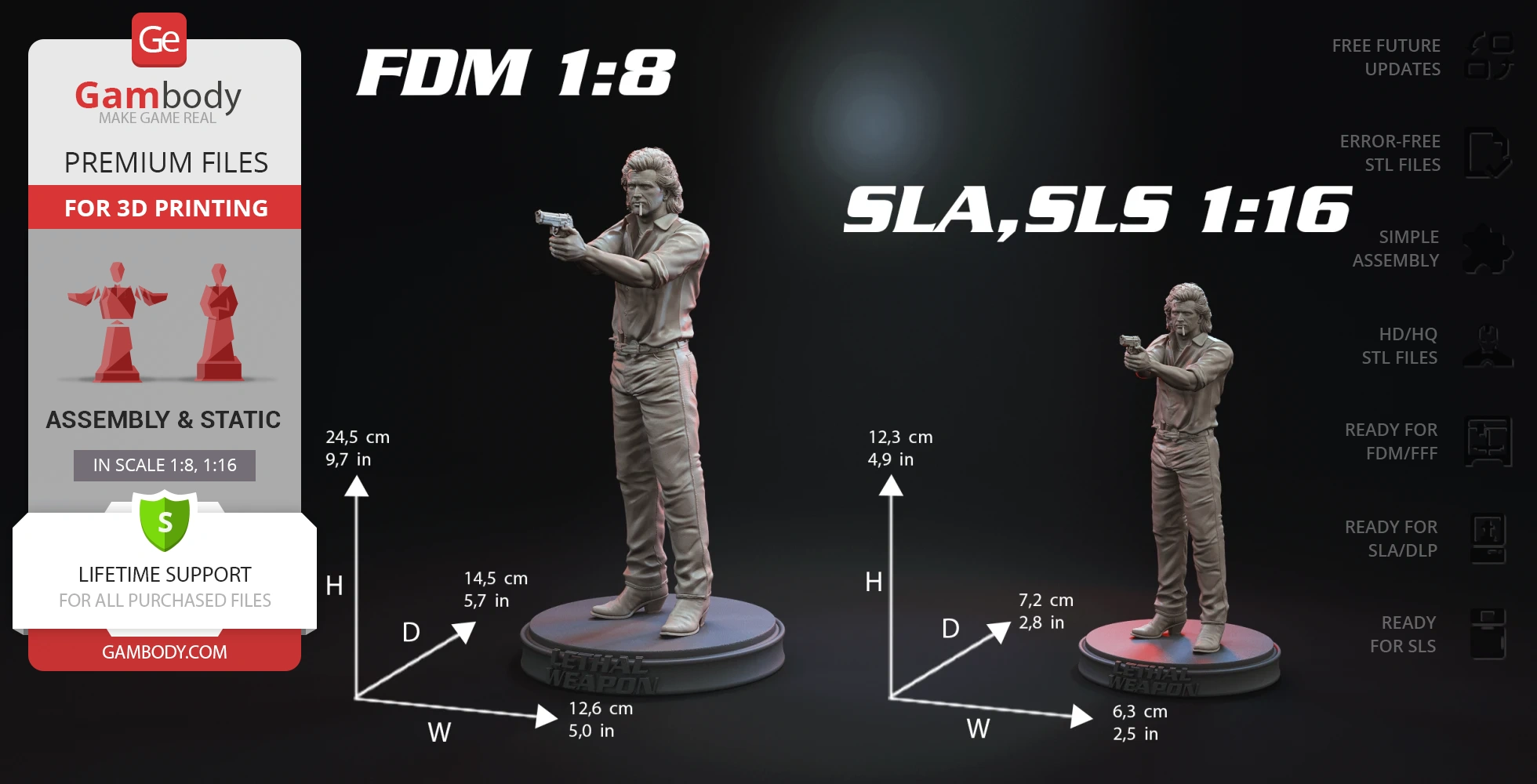 3D model of a man in action pose with a gun, ready for 3D printing in high detail, available in different scales.