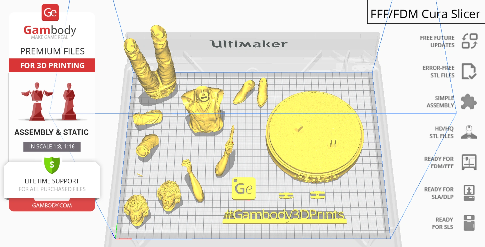 3D printing layout for Martin Riggs model parts, including arms, torso, head, and base, shown in yellow.