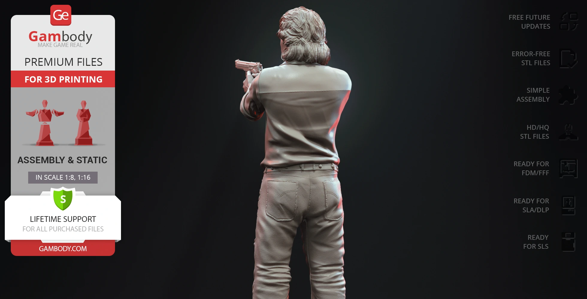 3D model of a man aiming a handgun, wearing a shirt and jeans, viewed from the back.