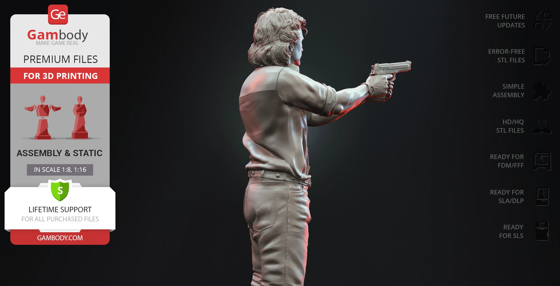 3D model of a man with a mullet aiming a handgun, wearing a jacket and jeans, positioned side view.