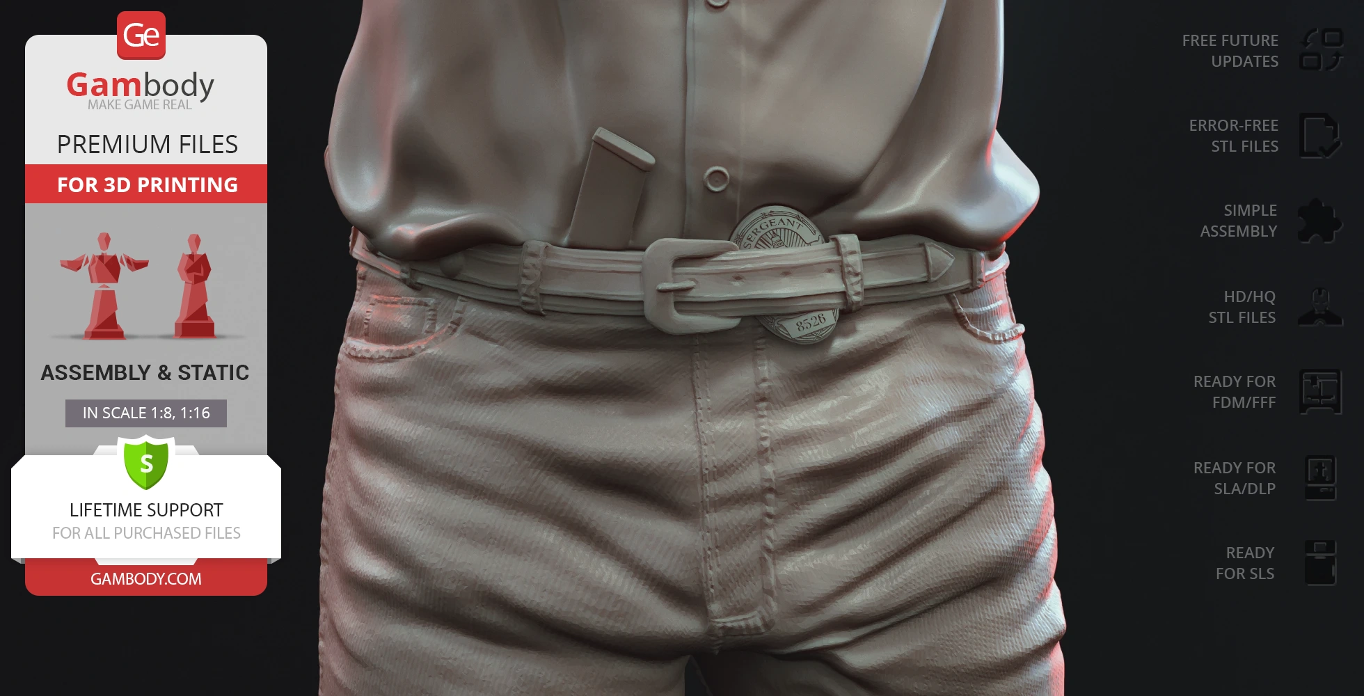 3D model of a person's waist, wearing pants and a belt with a badge. Designed for 3D printing.