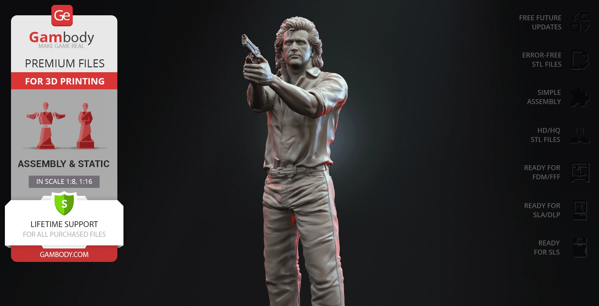 A 3D model of a man aiming a pistol, wearing a buttoned shirt and pants, with detailed hair and facial features.