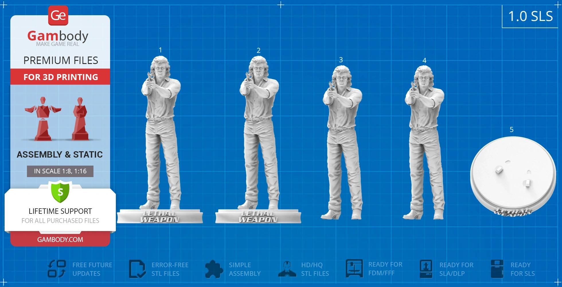 3D model of a man aiming a gun, labeled "Lethal Weapon," for 3D printing, with a circular base.