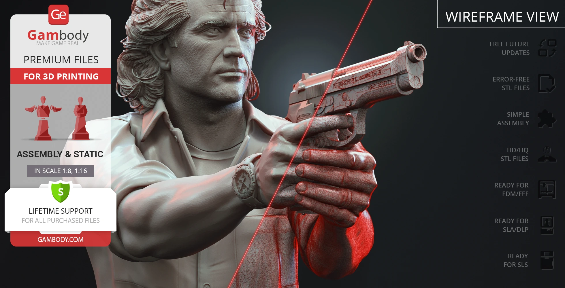 3D model of a man holding a gun, detailed STL file for 3D printing by Gambody.