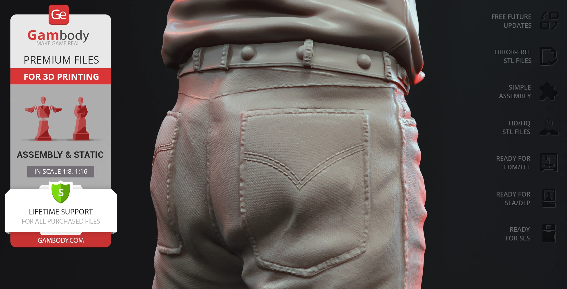 Close-up of a 3D-printed model depicting the back view of a figure wearing jeans with detailed stitching.