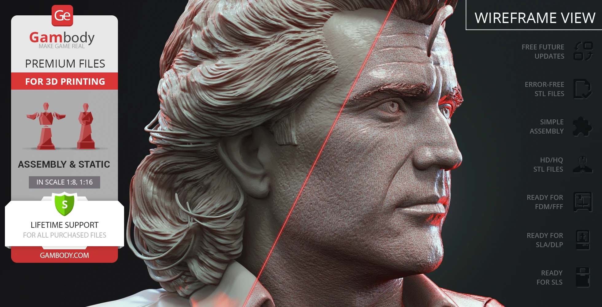 3D model of a detailed man's bust with textured hair and face, displayed in a wireframe view.