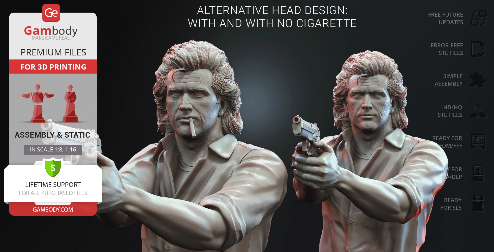 Detailed 3D model of a man holding a gun, in two versions: with and without a cigarette.