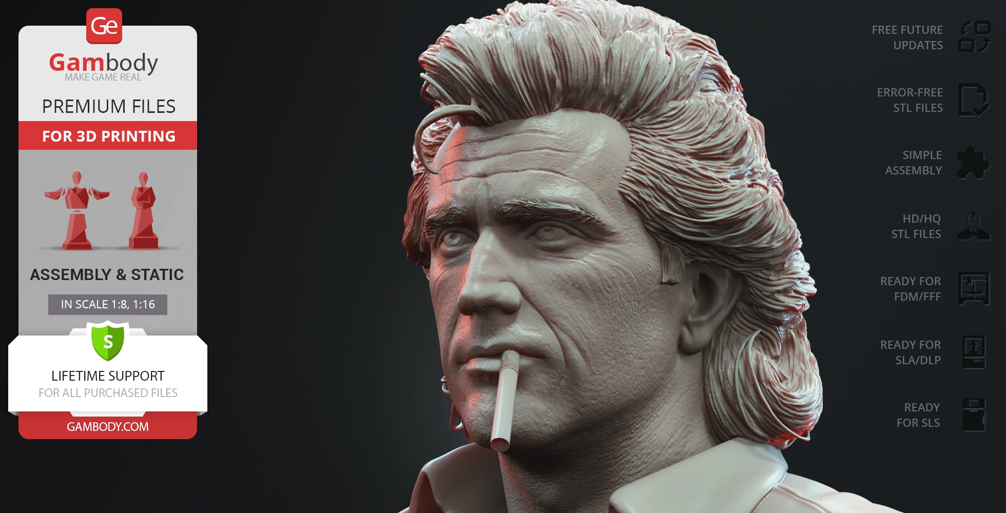 3D model of a man with detailed hair and a cigarette, suitable for 3D printing.