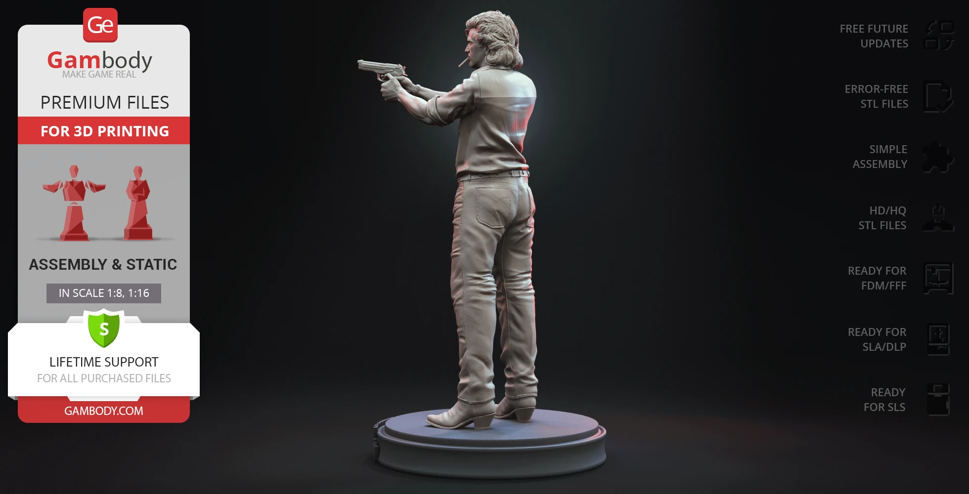 A 3D model of a man aiming a gun, wearing casual clothes, on a display stand for 3D printing.