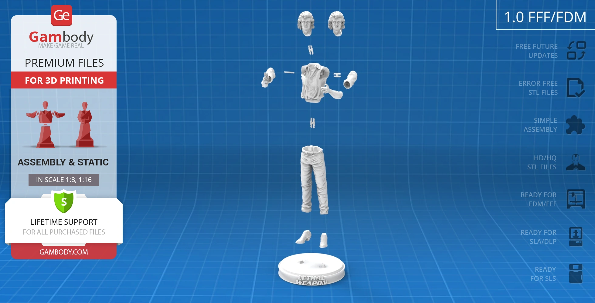 Exploded view of a 3D printable Martin Riggs model, showing separate parts for assembly.