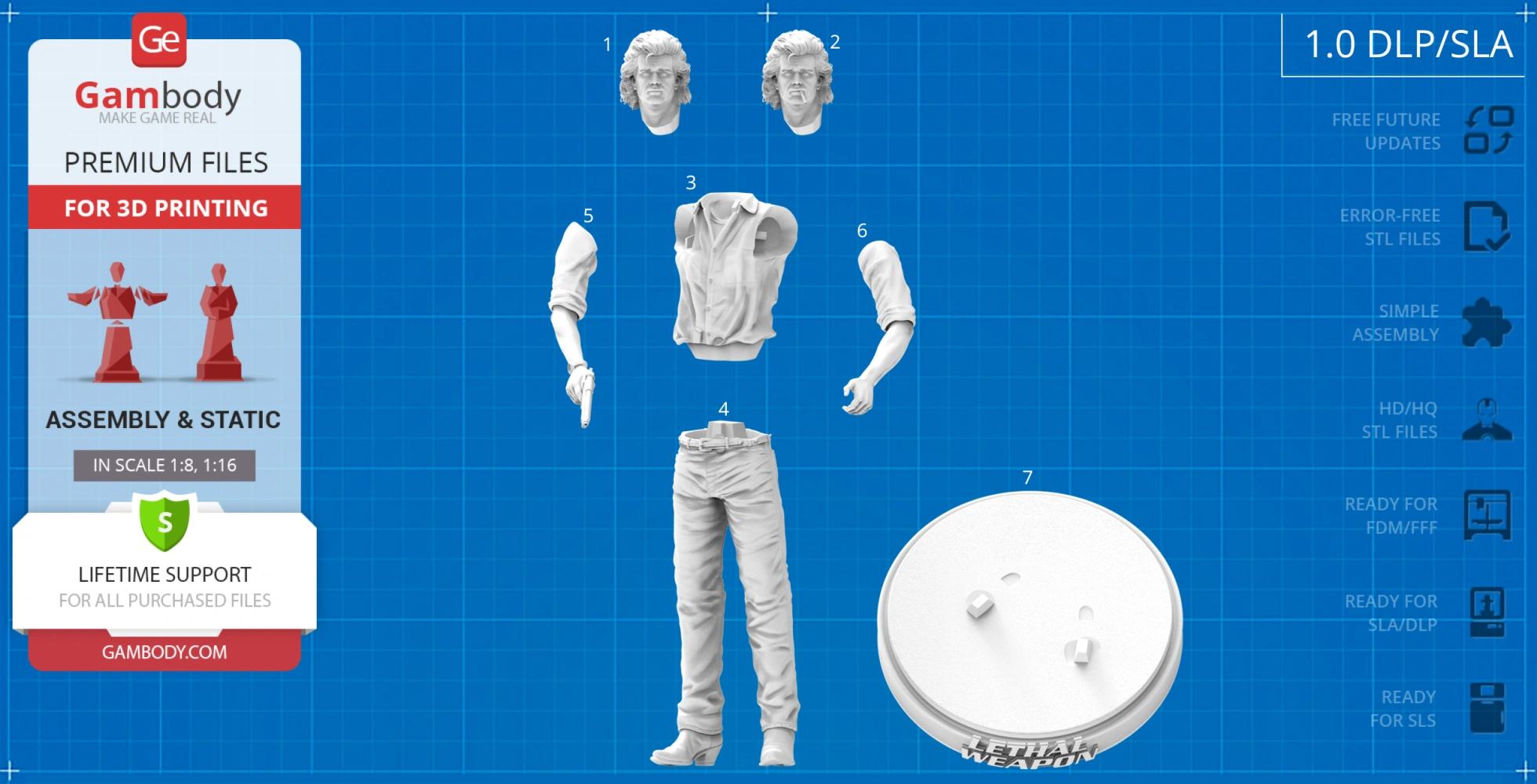 Exploded view of a 3D printable Martin Riggs figure from Lethal Weapon, showing separate parts for assembly.