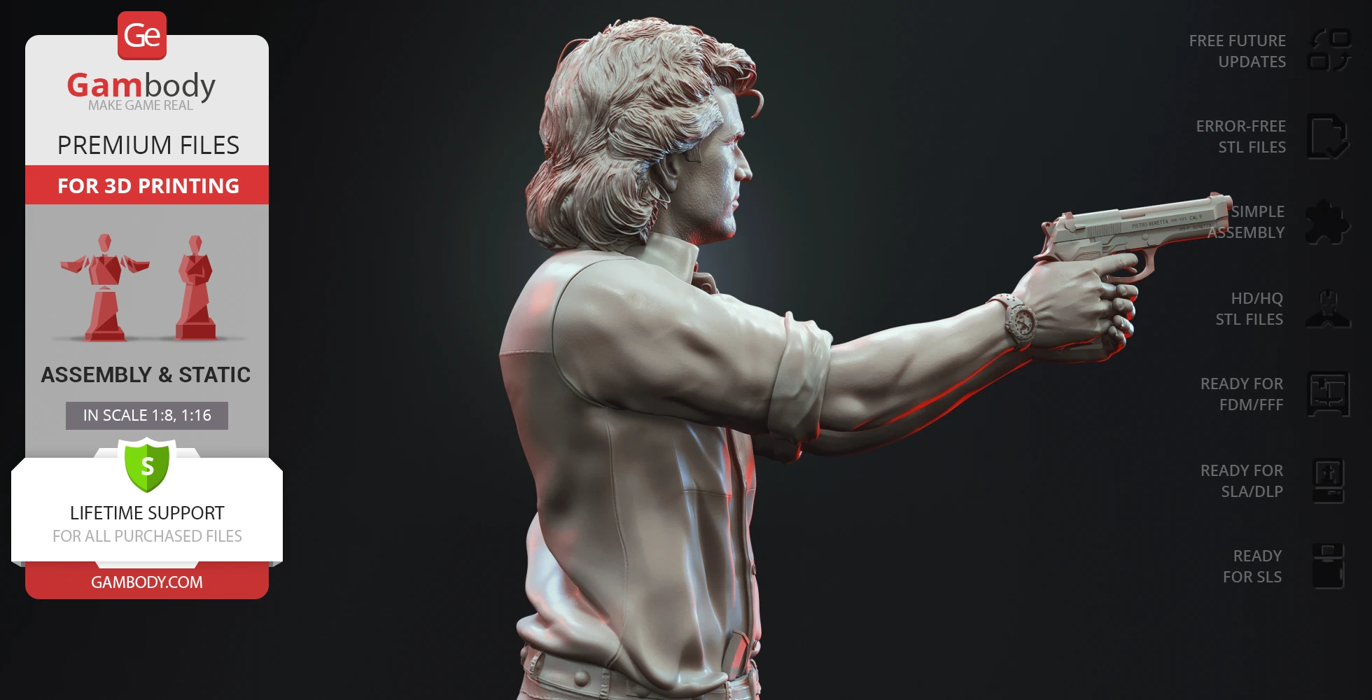 3D model of a man holding a pistol in an action pose, detailed hair and clothing, suitable for 3D printing.
