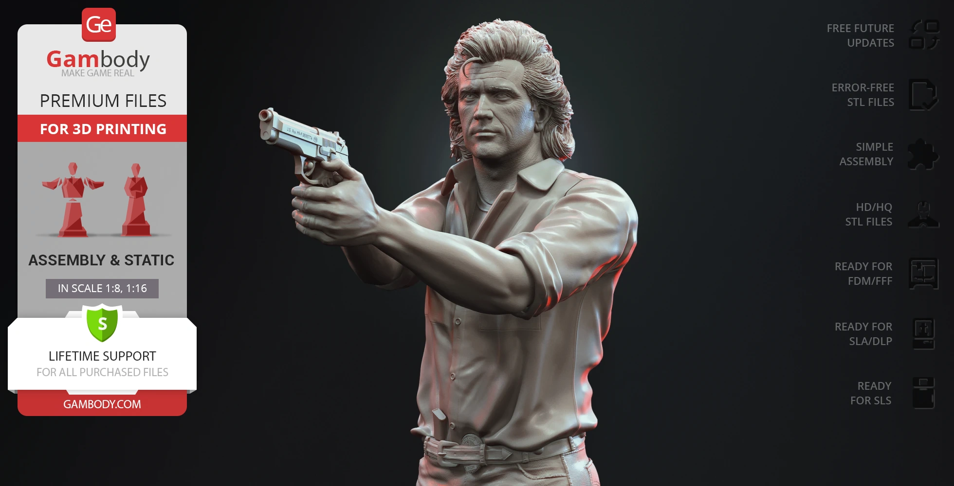 3D model of a man aiming a gun, detailed hair and clothing, meant for 3D printing from Gambody.