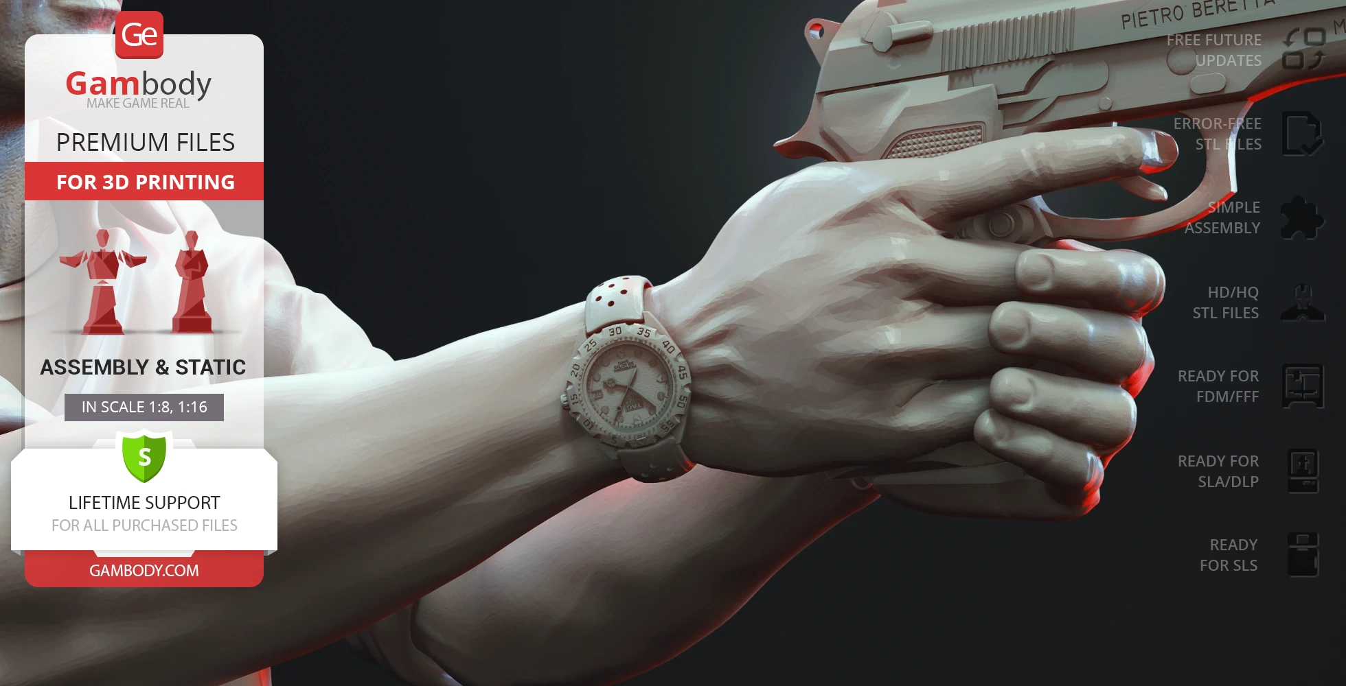 Close-up of 3D model hands holding a gun, with a wristwatch visible, for 3D printing.