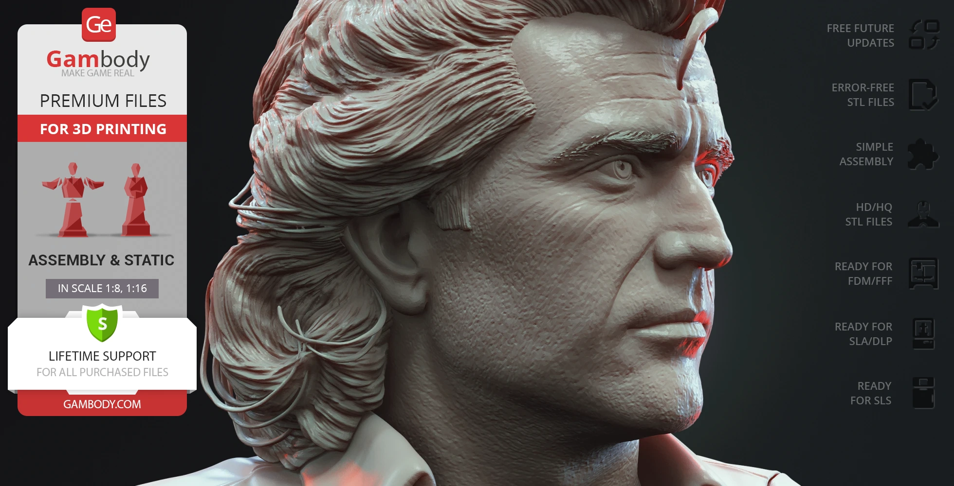 A detailed 3D model bust of a man with wavy hair, intended for 3D printing, shown with purchase details.