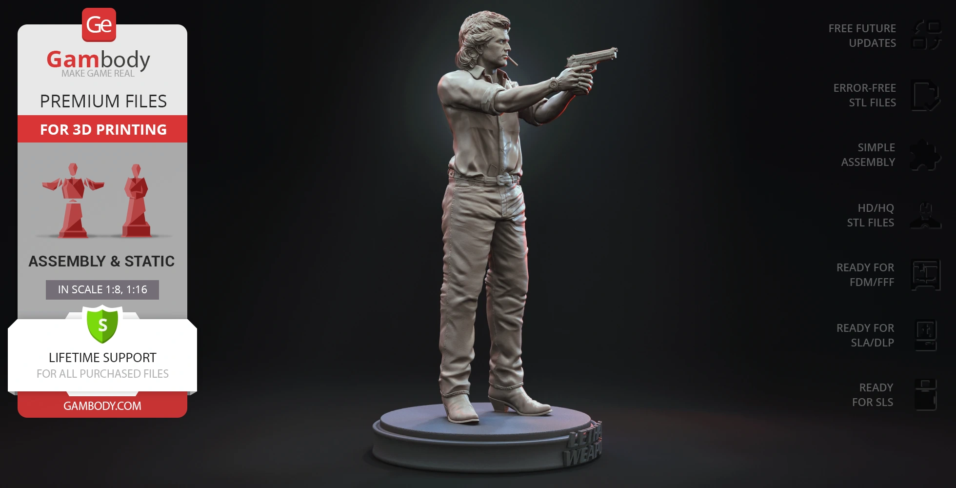 3D model of a man aiming a gun, standing on a round base. Text: "Lethal Weapon."