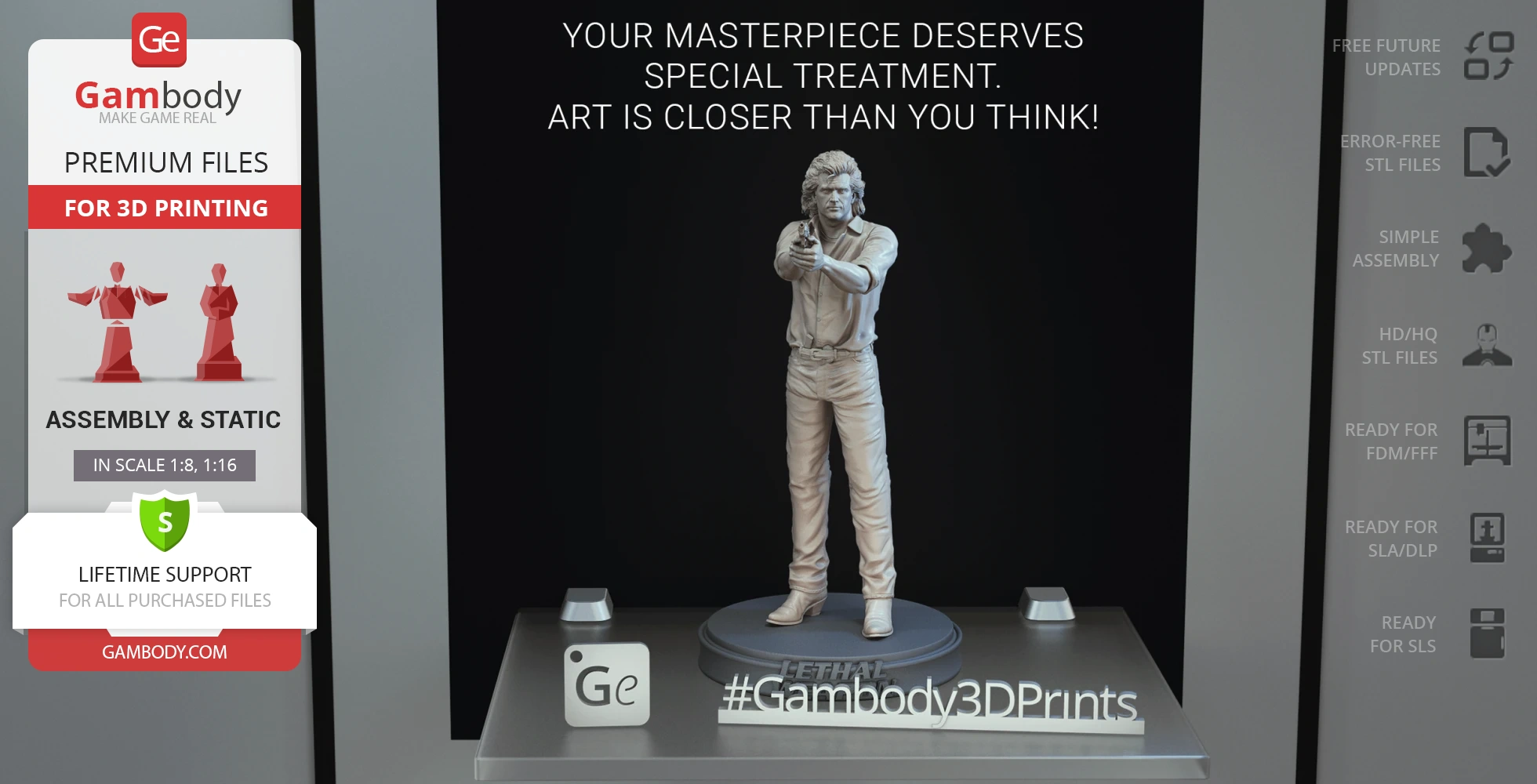 A 3D printed model of a man aiming a gun, on a display platform with promotional text and logos.
