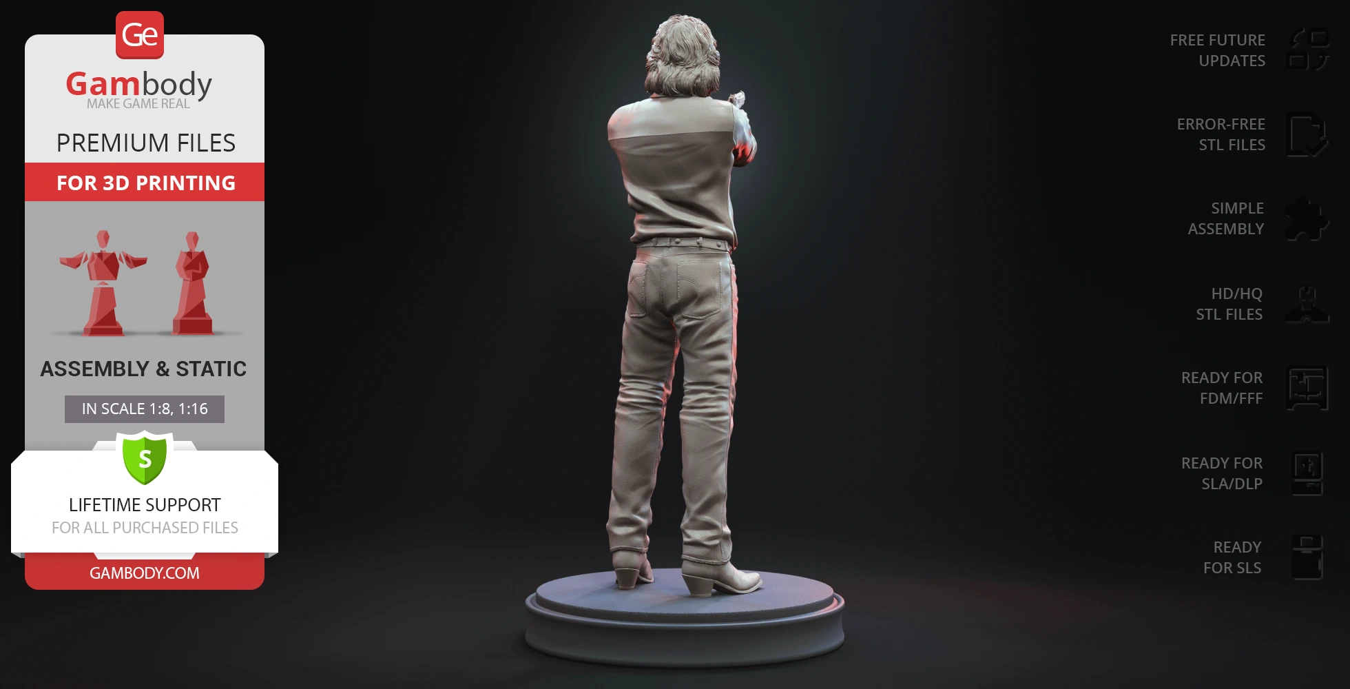 A 3D model of a person in a casual outfit, standing on a circular base, viewed from behind.