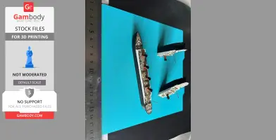 A detailed 3D printed model of the Titanic ship is displayed in parts on a blue background.