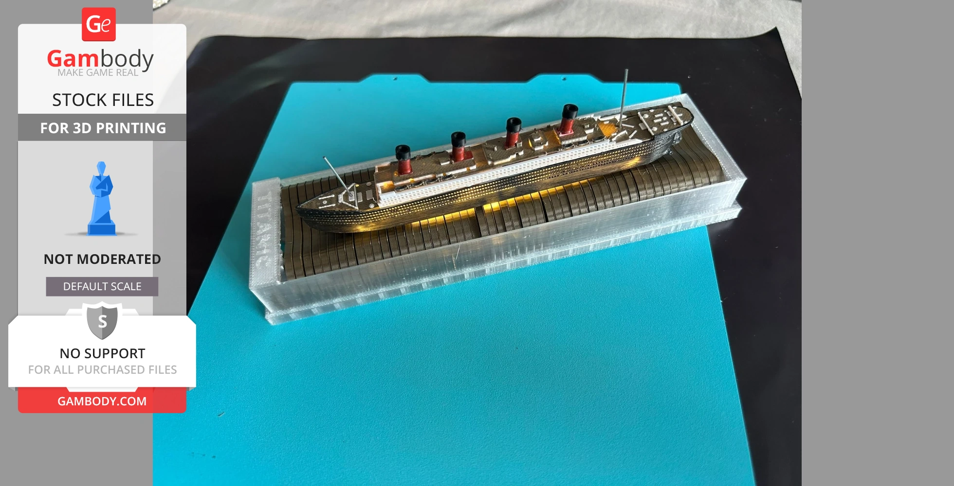 A detailed 3D-printed model of the Titanic ship, mounted on a clear display stand.