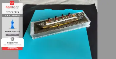 A detailed 3D-printed model of the Titanic ship, mounted on a clear display stand.