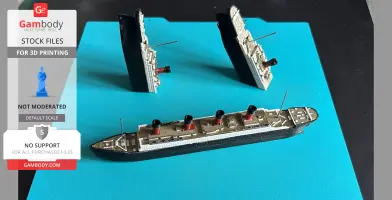 A 3D model of the Titanic ship in three parts on a blue surface, designed for 3D printing.