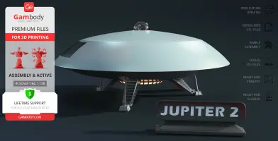 A 3D model of the Jupiter 2 spacecraft, featuring a sleek saucer-like design on landing legs.