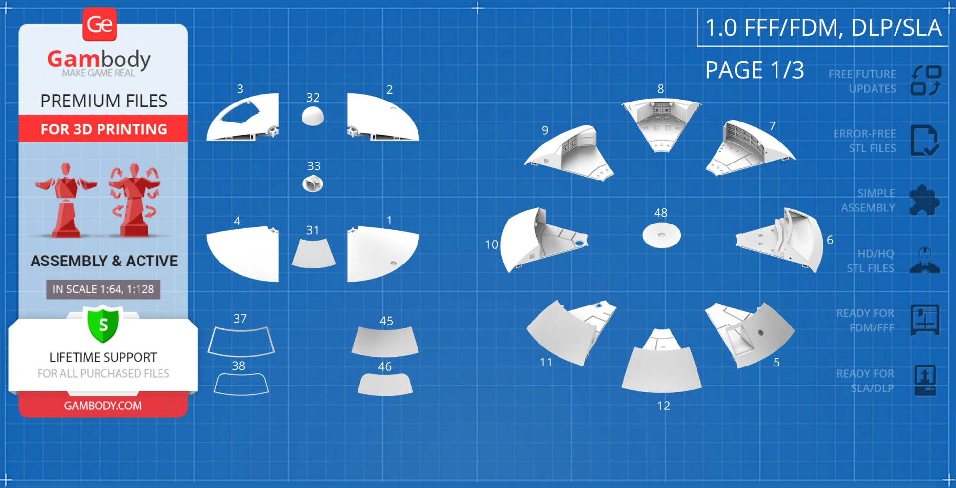 Blueprint layout of 3D printable parts for the Jupiter 2 model from 'Lost in Space' by Gambody.