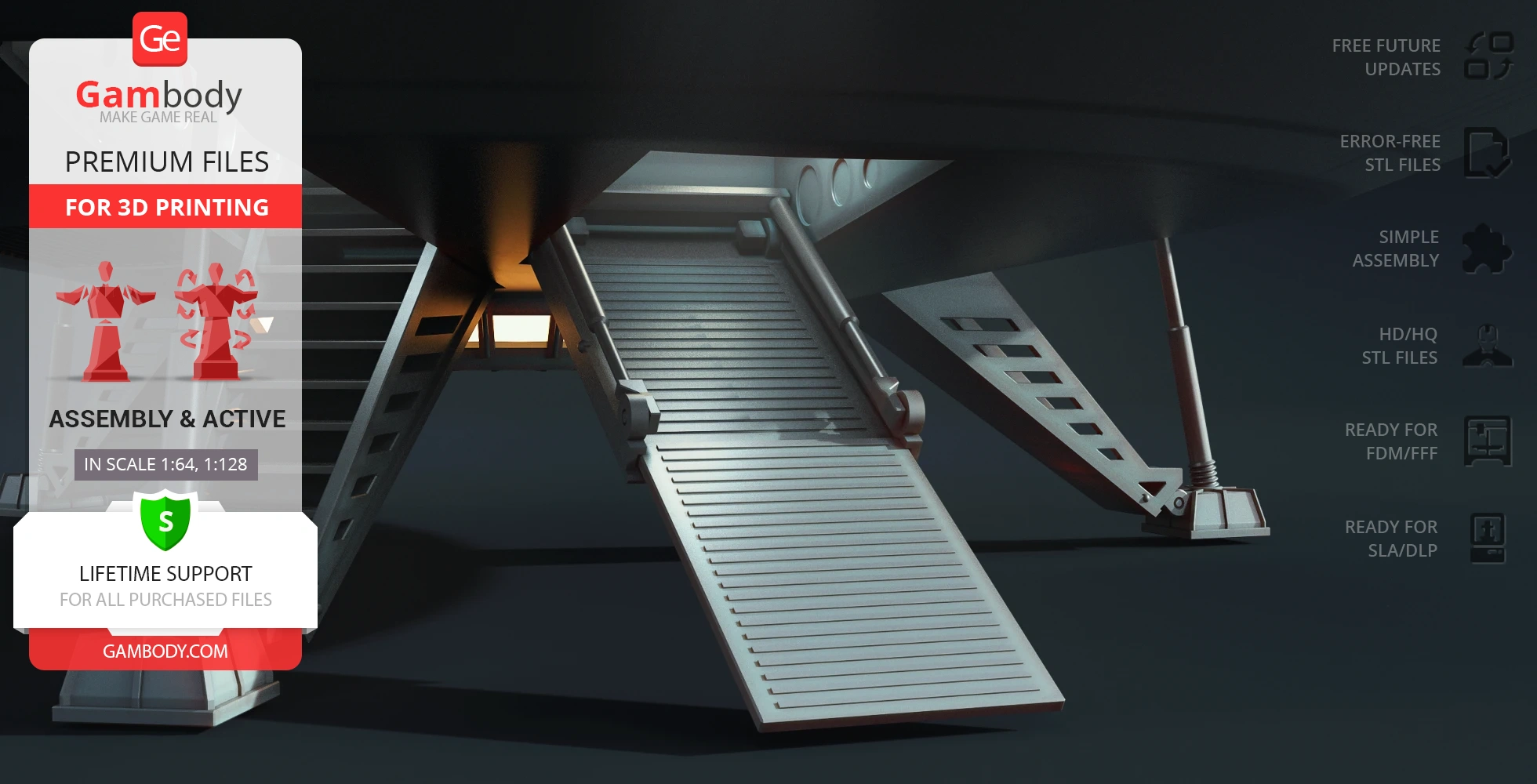 A futuristic spaceship ramp with supports underneath a dark structure, designed for 3D printing.