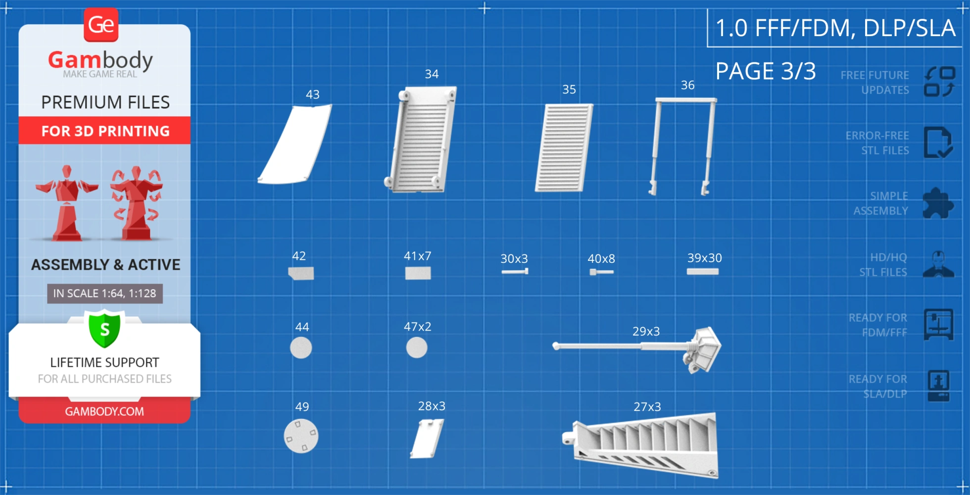 Blueprint layout of 3D printing parts for Lost in Space Jupiter 2 model, includes various labeled components.