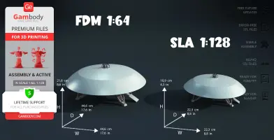 Two 3D-printed models of the Jupiter 2 spacecraft with different scales and dimensions for printing.