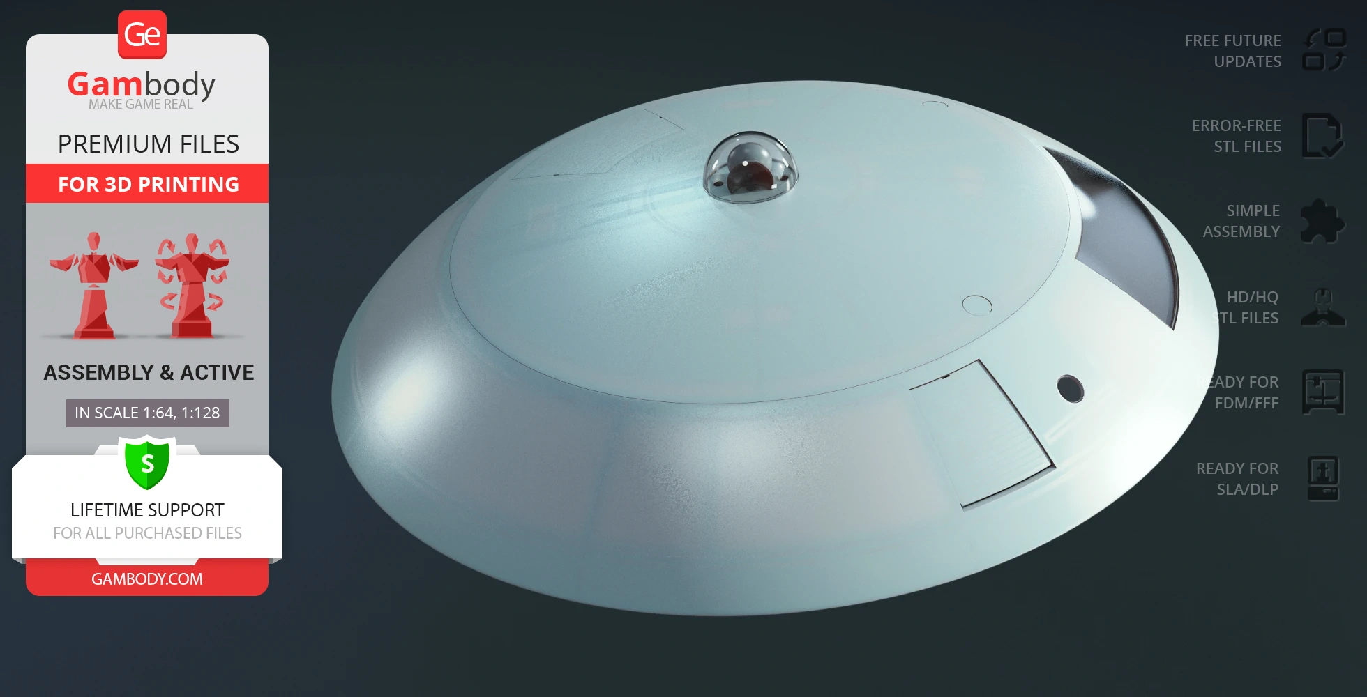 A sleek, silver spaceship model, dome-shaped with a central turret, designed for 3D printing.