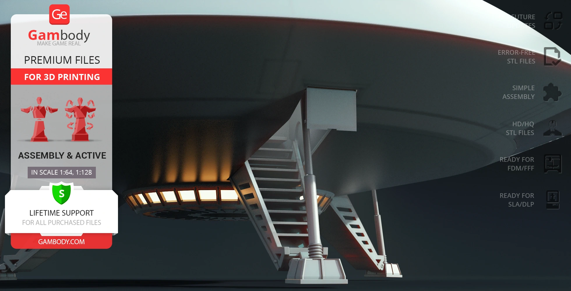 Sci-fi spacecraft model with detailed landing gear and stairs, ready for 3D printing.