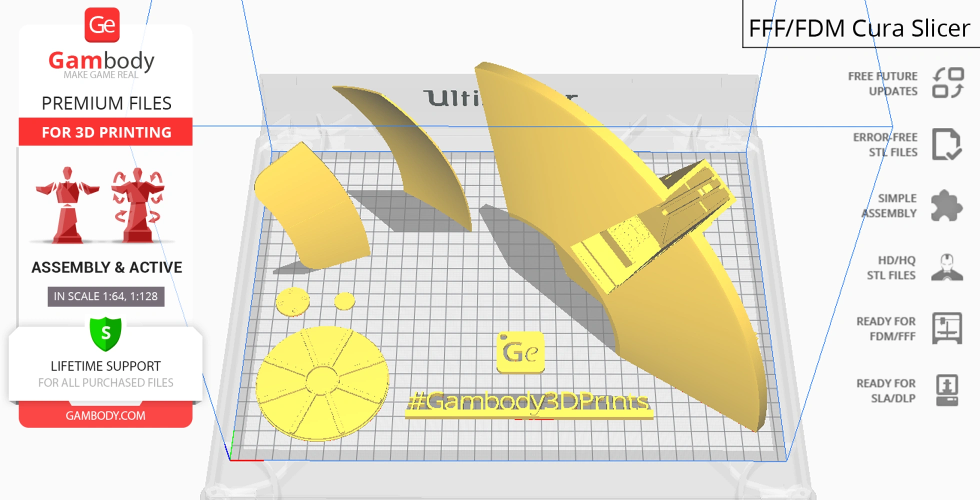 3D printable parts of the Jupiter 2 spaceship from Lost in Space, displayed on a grid in Cura slicer.