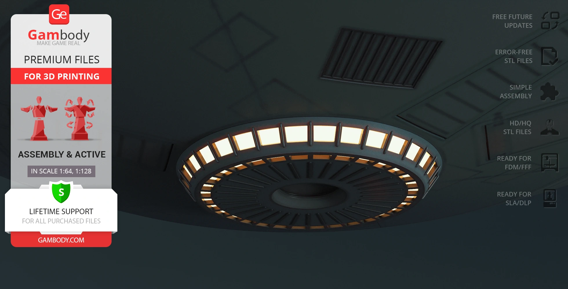 Circular spaceship with illuminated rings, designed for 3D printing, displayed in high detail.