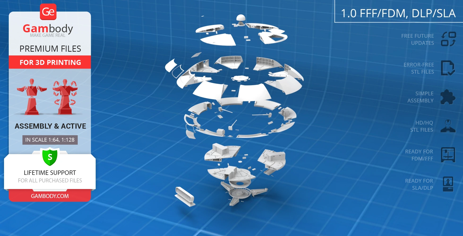 Exploded view of 3D-printable Jupiter 2 spaceship model parts on a blue grid background.