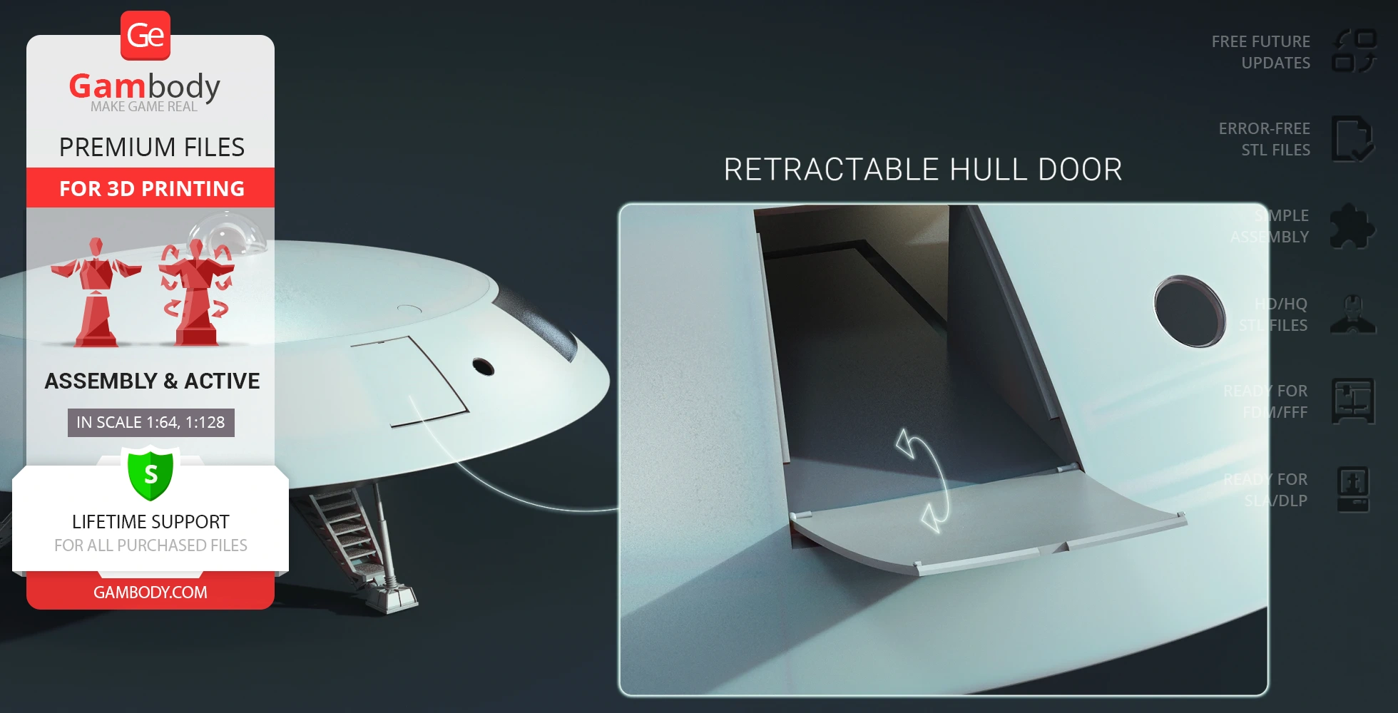 A detailed 3D model of the Jupiter 2 spacecraft with a retractable hull door from 'Lost in Space.'