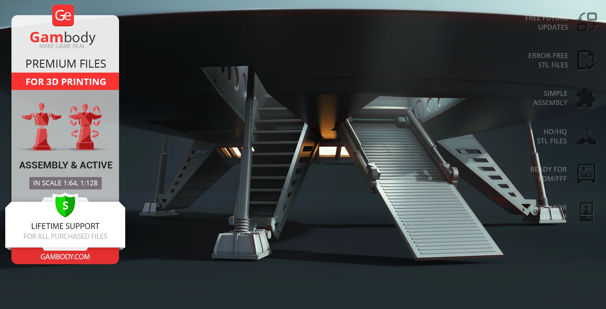 Spaceship landing gear with stairs and ramp extended, ready for 3D printing from Gambody.